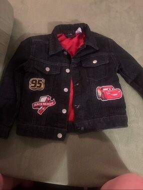 Disney Black Denim Jacket with Red Lining and Cars Patches